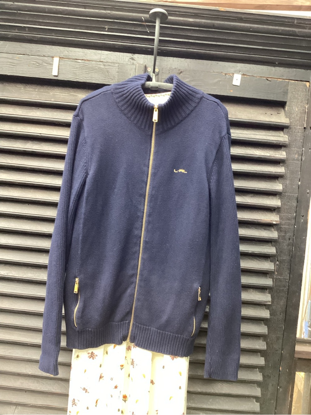 Lauren Ralph Lauren Navy Zip-Up Knit Sweater with Gold Hardware
